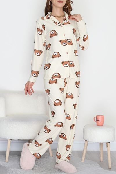 Düğmeli Süet Pijama Takımı Kremayı - 450.1287.