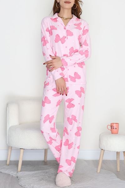 Düğmeli Süet Pijama Takımı Pembe - 450.1287.