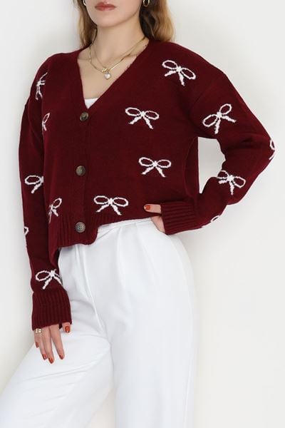 Şardonlu Düğmeli Triko Hırka Bordo - 31456.1766.