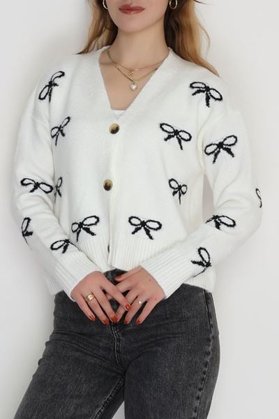 Şardonlu Düğmeli Triko Hırka Krem - 31456.1766.