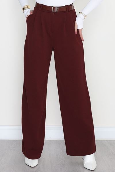 Kemerli Zra Krep Palazzo Pantolon Bordo - 30777.1865.