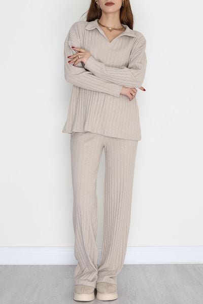 Polo Yaka Likralı İnterlok Fitilli Takım Bej - 90970.1748.