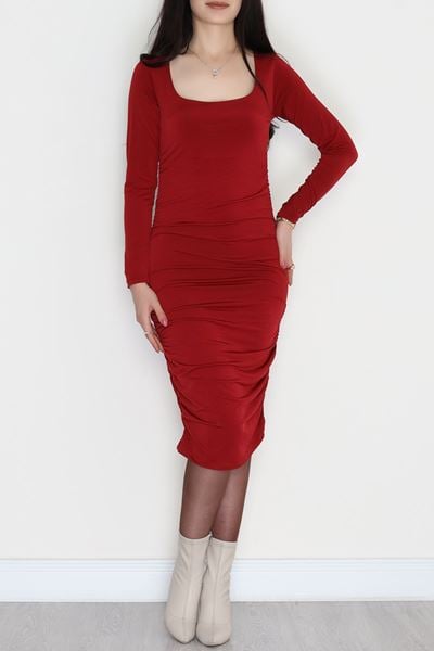 Yanları Büzgülü Sandy Elbise Bordo - 42569.1949.