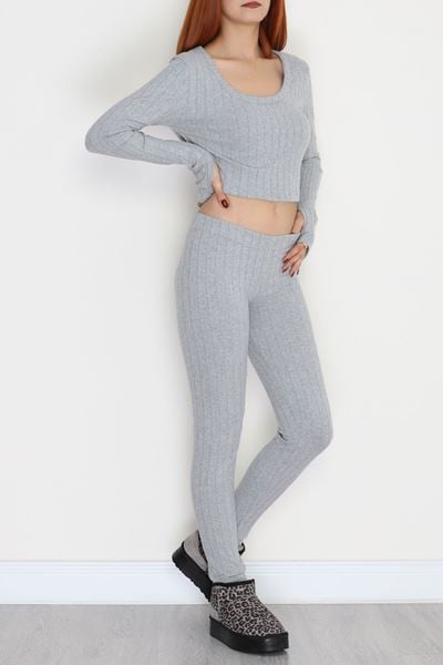 Parmak Geçmeli U Yaka Raporlu İnterlok Takım Gri - 90975.1748.