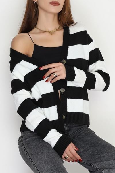 Şardonlu Düğmeli Hırka Siyahtaş - 31060.1766.