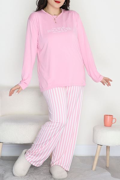 Şardonlu Milan Büyük Beden Pijama Takımı Pembeçizgili - 665.1287.