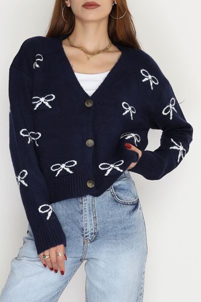 Şardonlu Düğmeli Triko Hırka Lacivert - 31456.1766.