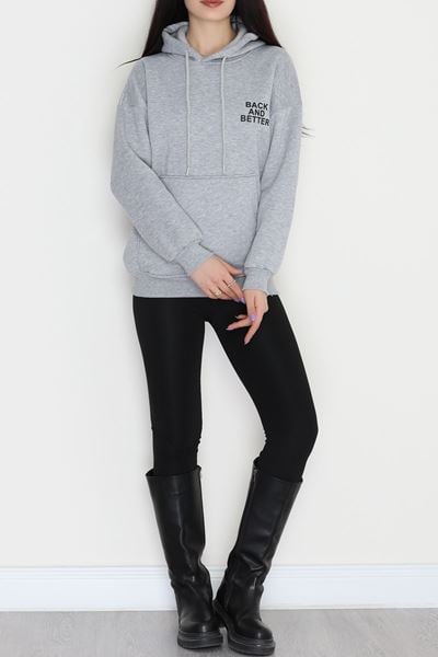 3 İplik Kanguru Cepli Kapşonlu Sweat Gri - 42257.1878.