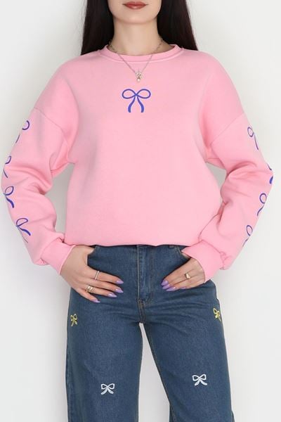 3 İplik Bisiklet Yaka Sweat Pembemavi - 42246.1878.