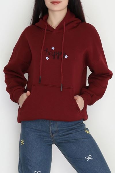 3 İplik Kanguru Cepli Kapşonlu Sweat Koyubordo - 42250.1878.