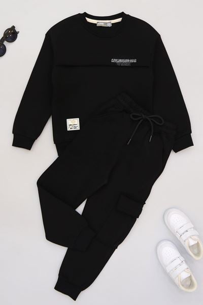 5-12 Yaş 3 İplik Şardonlu Kargo Cep Takım Siyah - 60205.1867.
