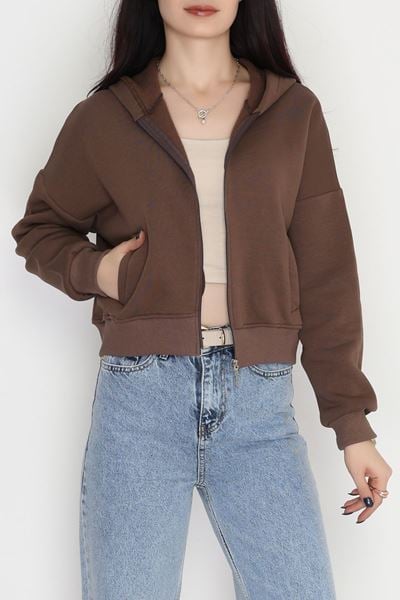 3 İplik Kompakt Oversize Fleto Cepli Sweat Kahve - 42506.1878.