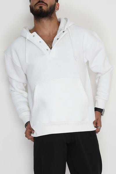 Kanguru Cepli 3 İplik Şardonlu Erkek Sweat Beyaz - 42592.2086.