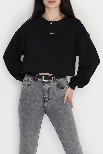 Bel Büzgülü Crop Sweat Siyah - 42444.1247.