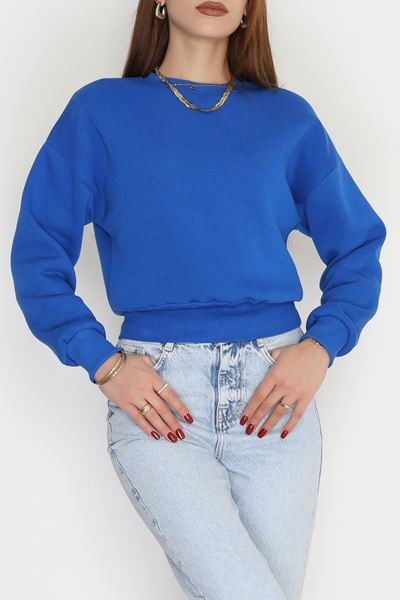 Bisiklet Yaka 3 İplik Crop Sweat Saks - 20968.1878.