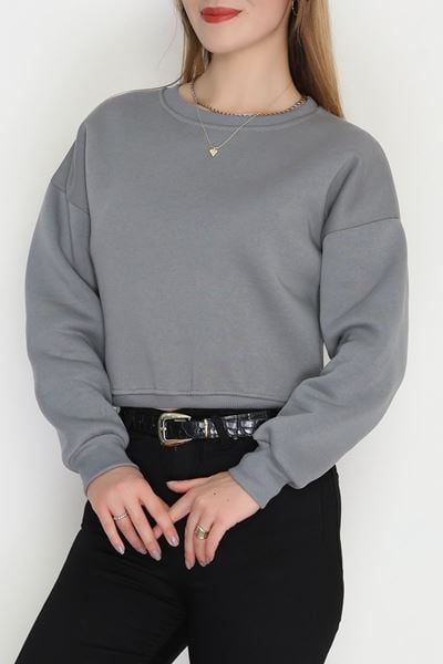 Bisiklet Yaka 3 İplik Crop Sweat Füme - 20968.1878.