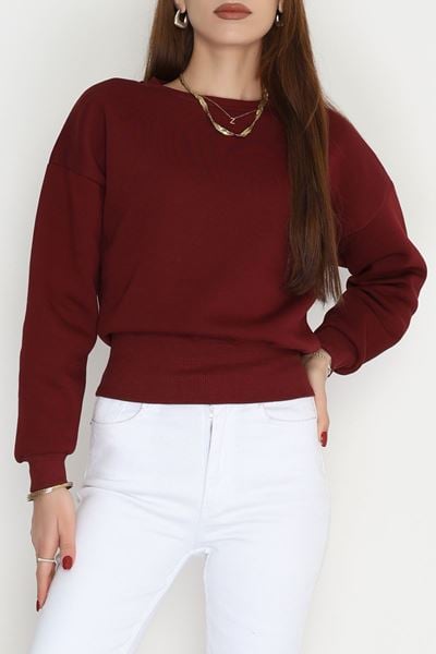 Bisiklet Yaka 3 İplik Crop Sweat Bordo - 20968.1878.