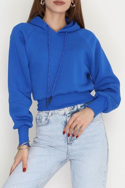 3 İplik Kapşonlu Crop Sweat Saks - 20967.1878.