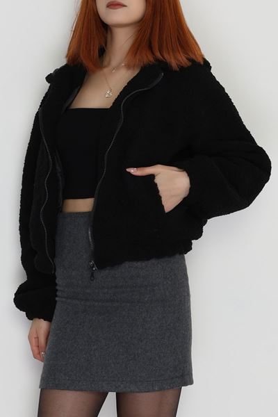 Kapşonlu Peluş Mont Siyah - 42445.1247.