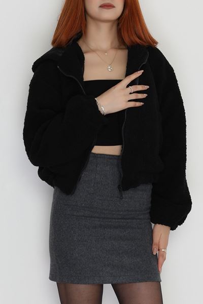 Kapşonlu Peluş Mont Siyah - 42445.1247.