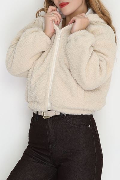 Kapşonlu Peluş Mont Bej - 42445.1247.