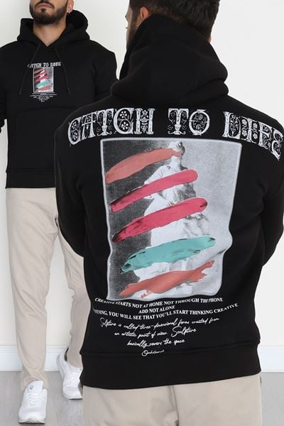 3 İplik Şardonlu Baskılı Erkek Sweat Siyah - 42587.2086.