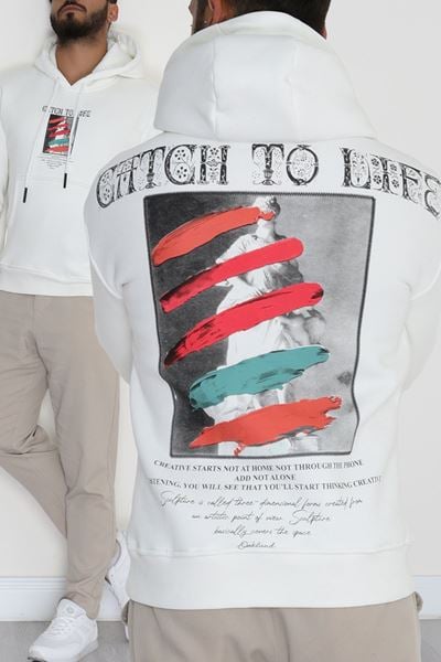 3 İplik Şardonlu Baskılı Erkek Sweat Beyaz - 42587.2086.