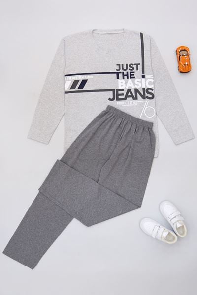 10-16 Yaş Garnili Erkek Çocuk Pijama Takımı Gribeyaz - 50715.1838.