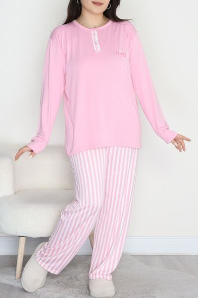 Büyük Beden Patlı Pijama Takımı Pembeçizgili - 258.1287.