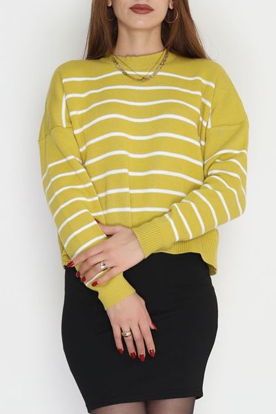 Çizgili Bisiklet Yaka Triko Yağyeşilibeyaz - 3099.1577.