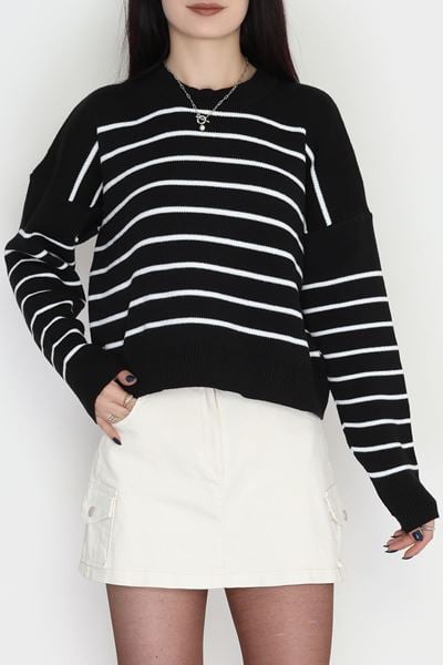 Çizgili Bisiklet Yaka Triko Siyahbeyaz - 3099.1577.