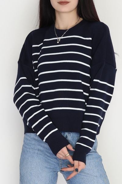 Çizgili Bisiklet Yaka Triko Lacivertbeyaz - 3099.1577.