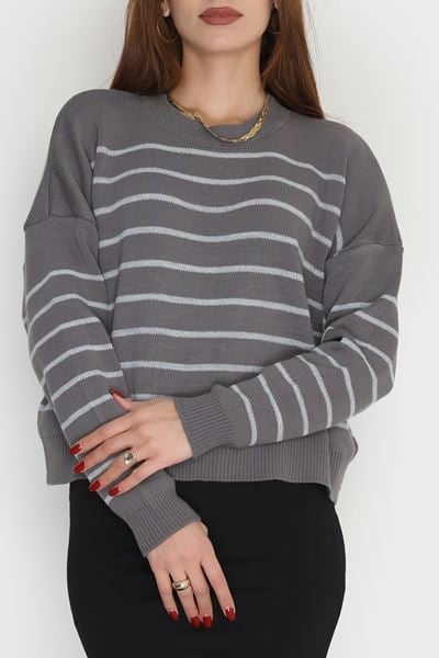 Çizgili Bisiklet Yaka Triko Fümegri - 3099.1577.