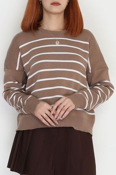 Çizgili Bisiklet Yaka Triko Mochalatte - 3099.1577.