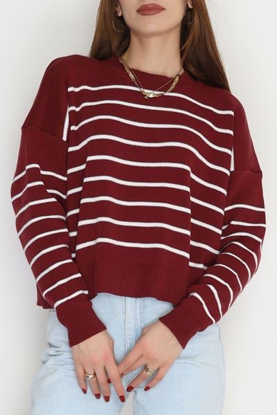 Çizgili Bisiklet Yaka Triko Bordolatte - 3099.1577.