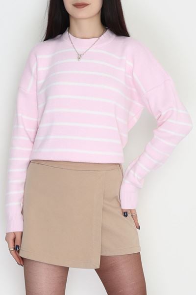 Çizgili Bisiklet Yaka Triko Pembebeyaz - 3099.1577.