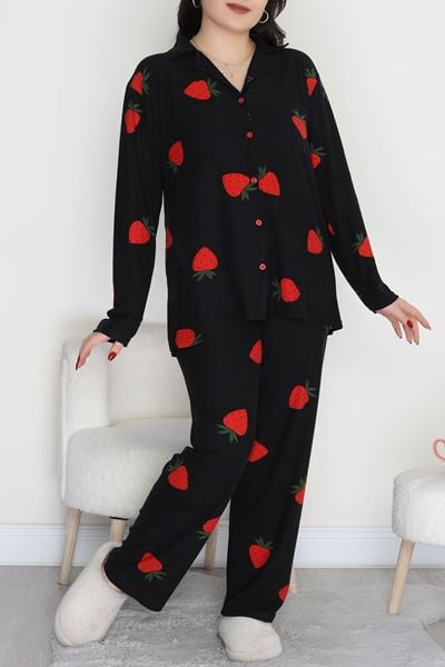Büyük Beden Süet Düğmeli Pijama Takımı Siyahçilek - 455.1287.