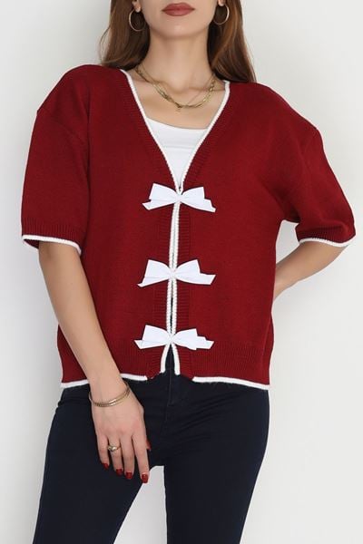 Kısa Kollu Fiyonklu Triko Bordo - 2281.1765.