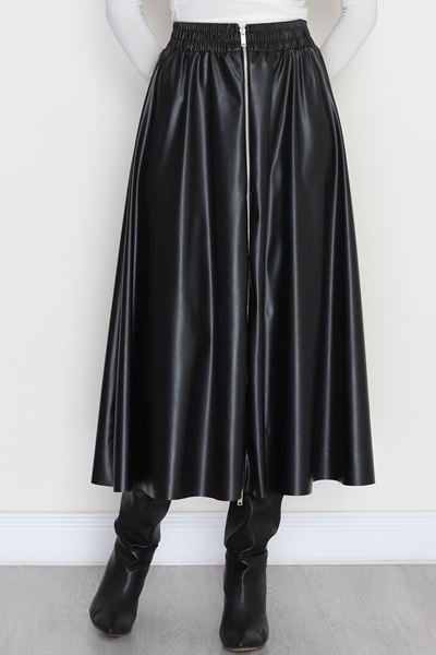 Suni Deri Önden Fermuarlı Uzun Kloş Etek Siyah - 80897.701.