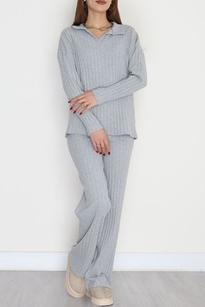 Polo Yaka Likralı İnterlok Fitilli Takım Gri - 90970.1748.