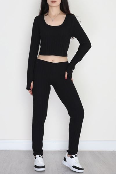 Parmak Geçmeli U Yaka Raporlu İnterlok Takım Siyah - 90975.1748.