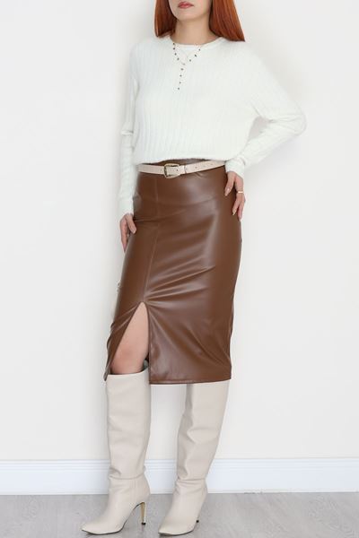 Yırtmaçlı Deri Kalem Etek Kahve - 51018.1779.