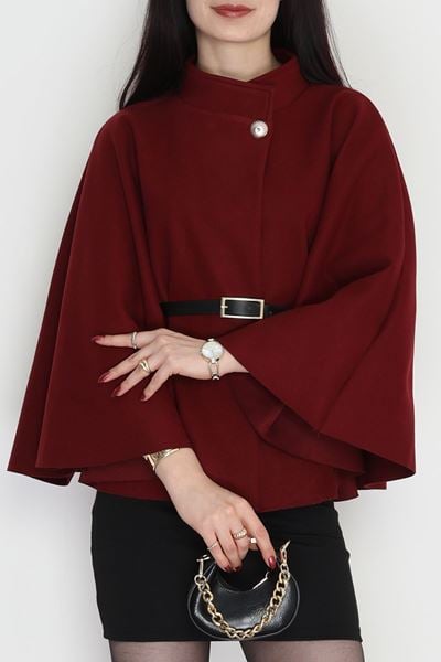 İthal Kaşe Kemerli Panço Bordo - 31530.1977.