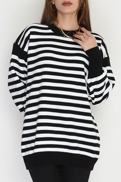 Oversıze Çizgili Triko Siyahbeyaz - 2025.1577.