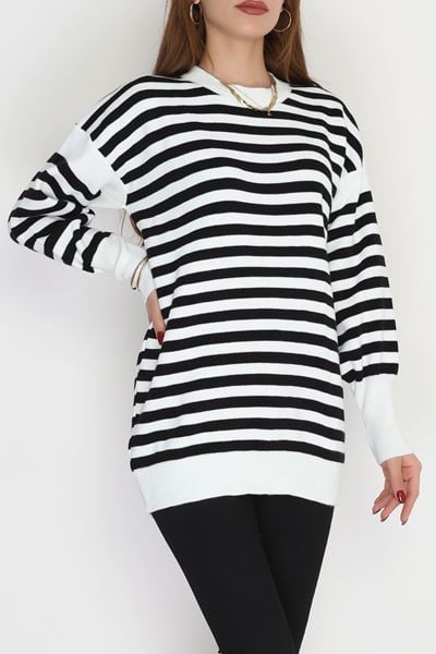 Oversıze Çizgili Triko Beyazsiyah - 2025.1577.