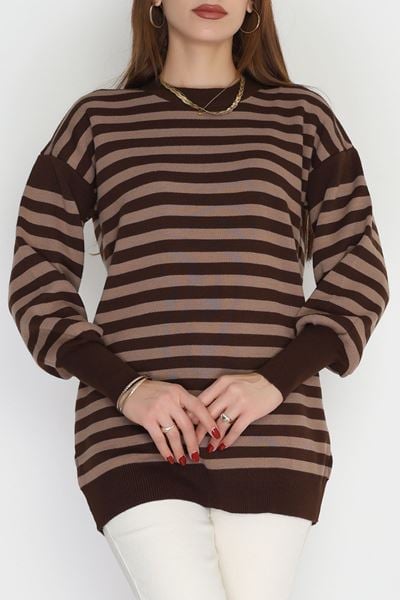 Oversıze Çizgili Triko Kahvemocha - 2025.1577.