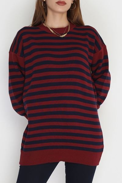 Oversıze Çizgili Triko Bordolacivert - 2025.1577.