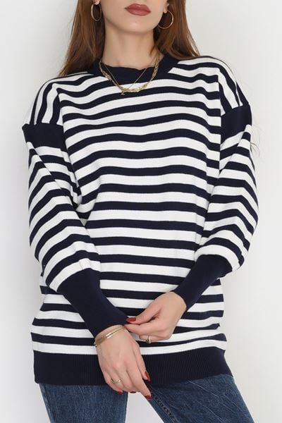 Oversıze Çizgili Triko Lacivertlatte - 2025.1577.