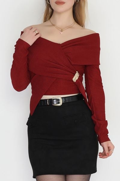 İthal Krep Madonna Yaka Aksesuarlı Bluz Bordo - 70869.148.