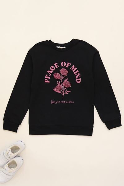 Çiçek Baskılı 8-12 Yaş Çocuk Sweatshirt Siyah - 724869.1576.